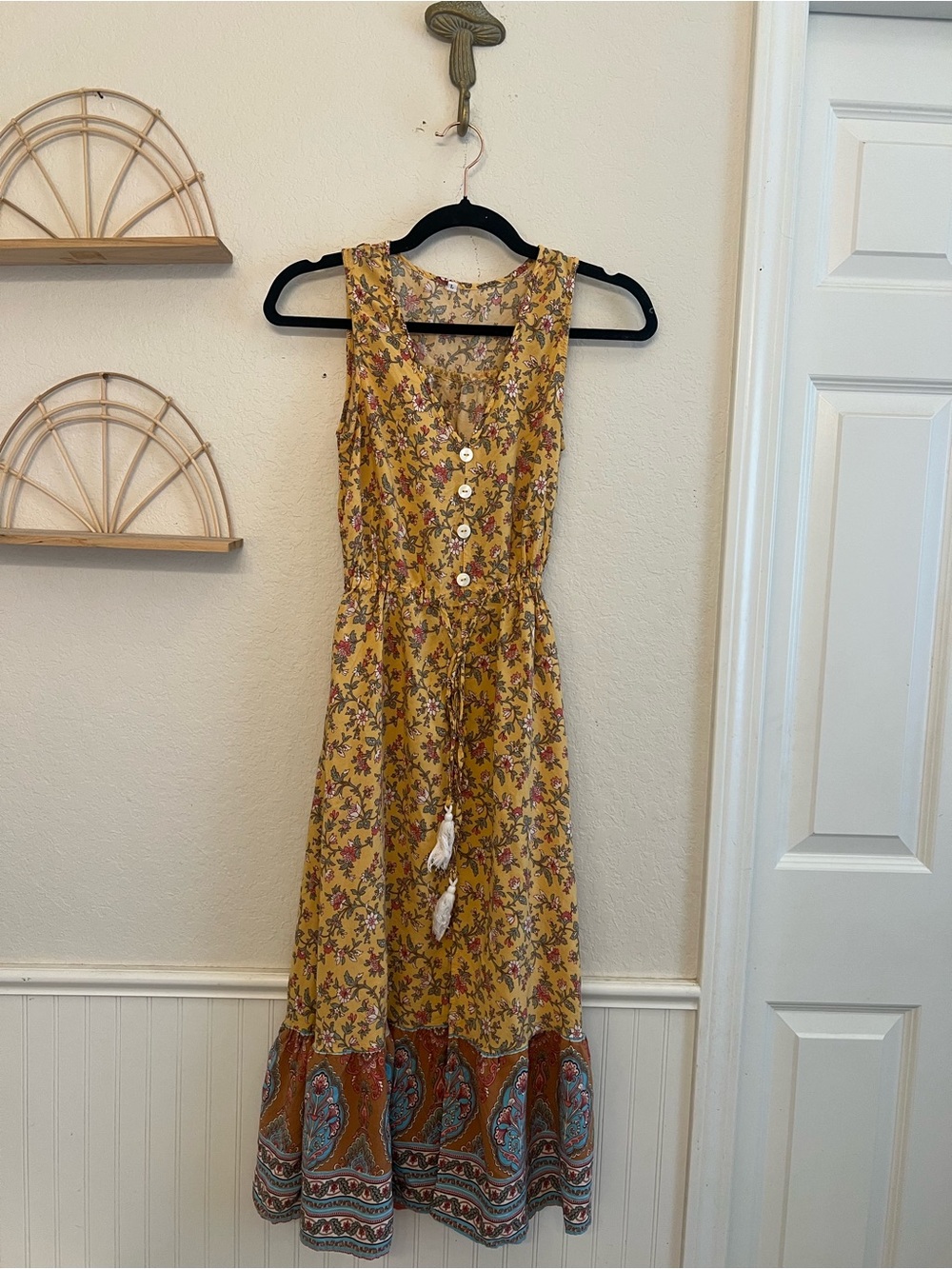 Boho Floral Maxi Dress Size L Mustard Yellow Tassel Tie Border Print
